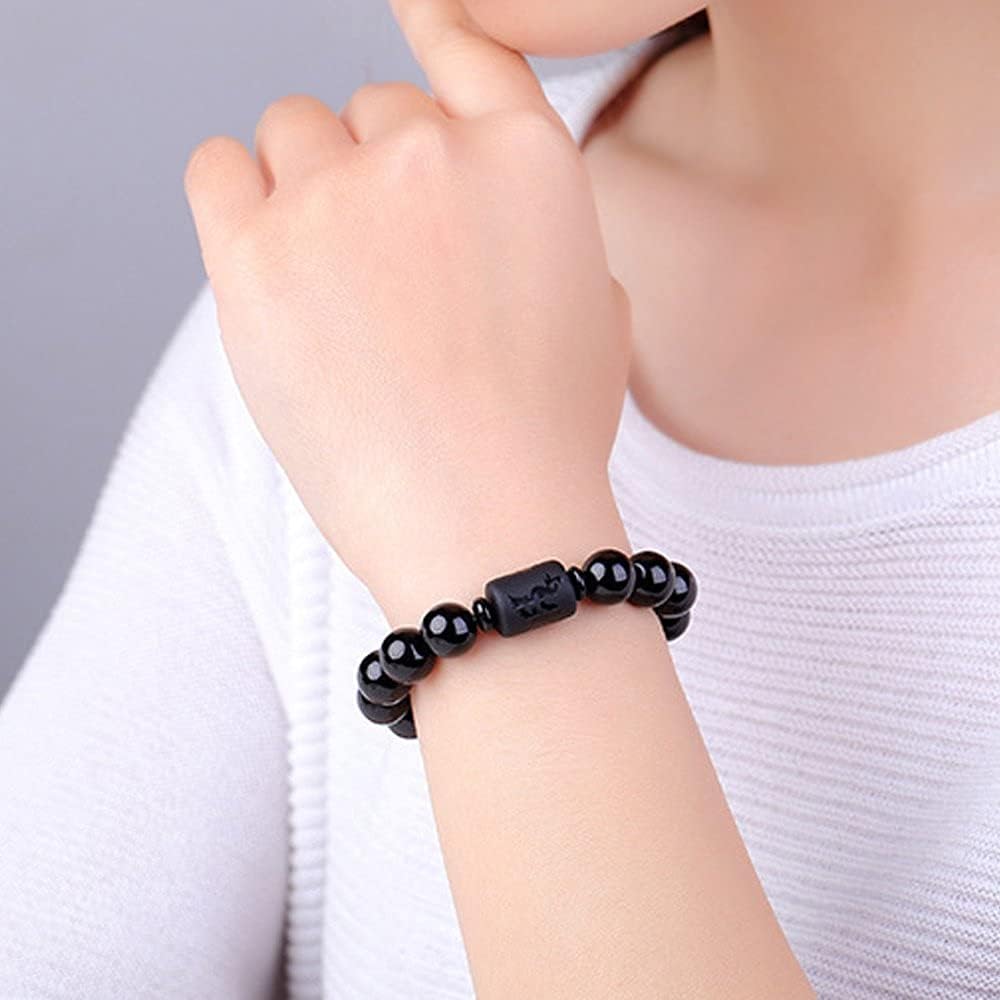 Natural Obsidian Stone Bead Bracelet Couple Men 10mm and Women 8mm Dragon and Phoenix Totem Jewelry (Phoenix) - Image 3