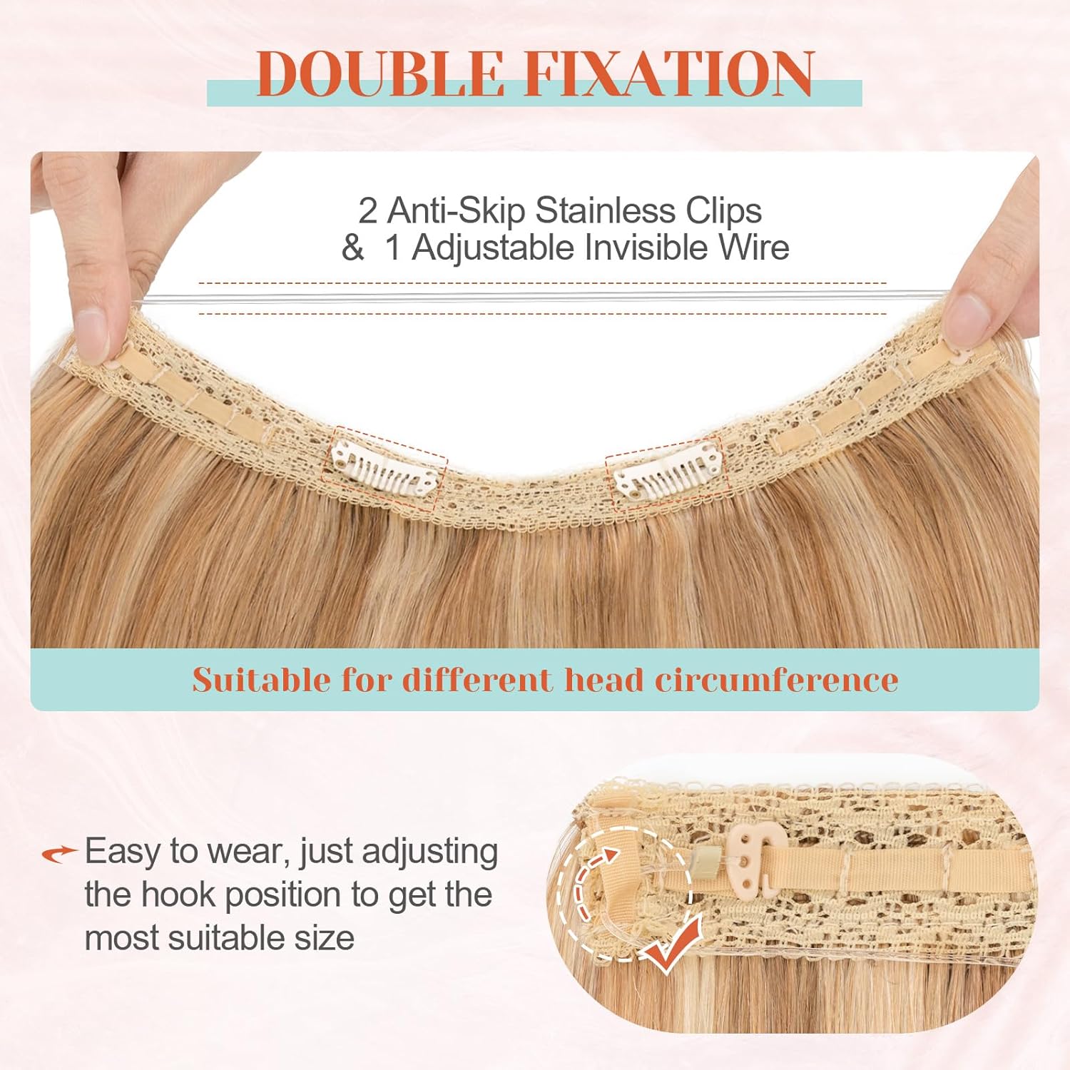 Halo Hair Extensions Real Human Hair 16 Inch Halo Extensions for Women 100% Human Hair Invisible Wire Hair Extensions Golden Brown Hightlights Bleach Blonde #12P613 - Image 2