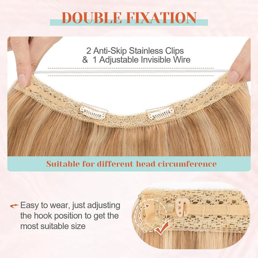 Halo Hair Extensions Real Human Hair 16 Inch Halo Extensions for Women 100% Human Hair Invisible Wire Hair Extensions Golden Brown Hightlights Bleach Blonde #12P613 - Image 2