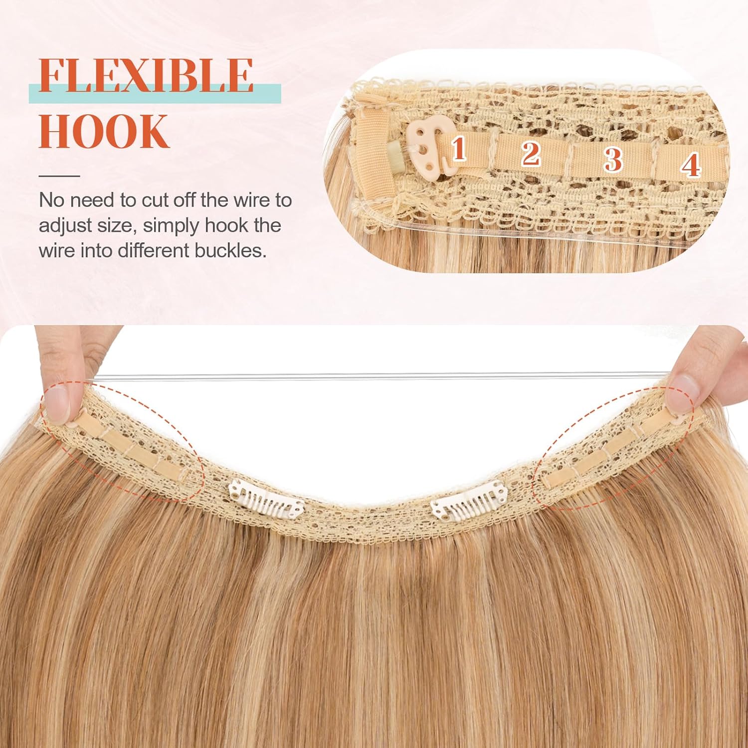 Halo Hair Extensions Real Human Hair 16 Inch Halo Extensions for Women 100% Human Hair Invisible Wire Hair Extensions Golden Brown Hightlights Bleach Blonde #12P613 - Image 3