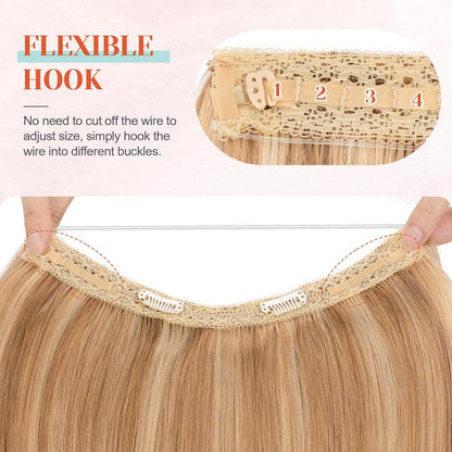 Halo Hair Extensions Real Human Hair 16 Inch Halo Extensions for Women 100% Human Hair Invisible Wire Hair Extensions Golden Brown Hightlights Bleach Blonde #12P613 - Image 3