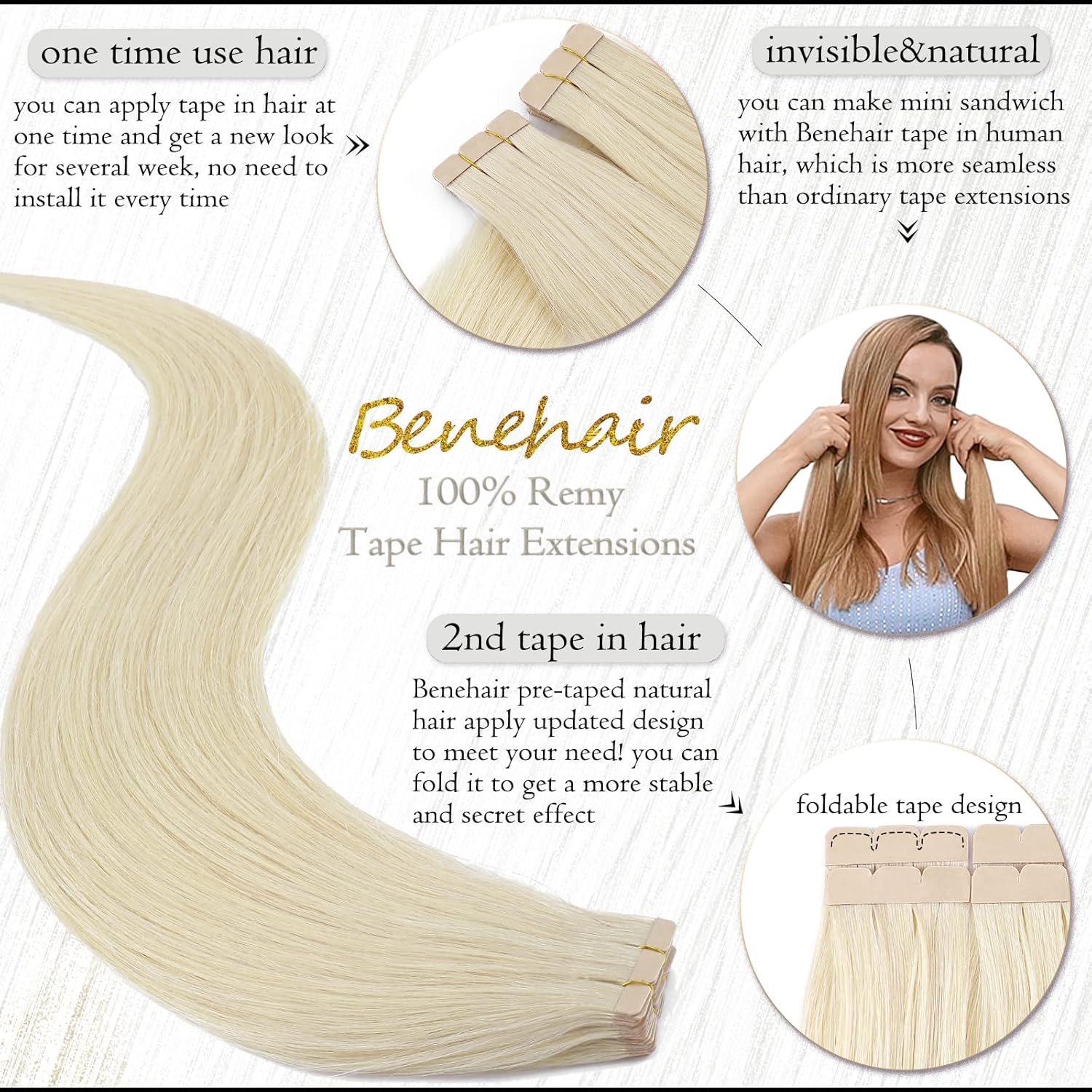 Tape in Hair Extensions Human Hair Platinum Blonde 18 Inch 20pcs 50g/pack Straight Hair Extensions Tape in Seamless Skin Weft Tape in Natural Hair for Women(#60 Platinum Blonde, 18") - Image 2