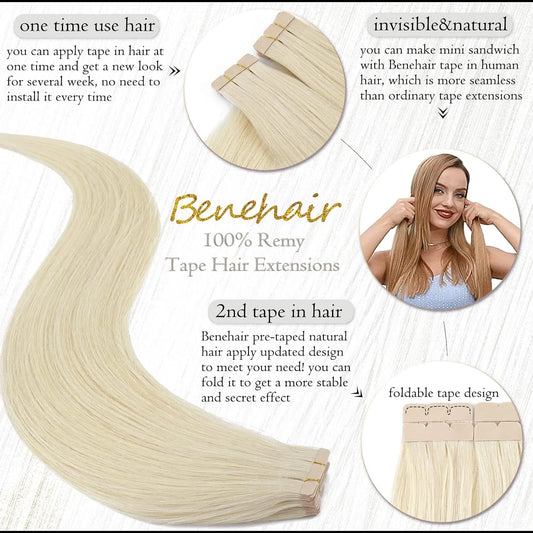 Tape in Hair Extensions Human Hair Platinum Blonde 18 Inch 20pcs 50g/pack Straight Hair Extensions Tape in Seamless Skin Weft Tape in Natural Hair for Women(#60 Platinum Blonde, 18") - Image 2