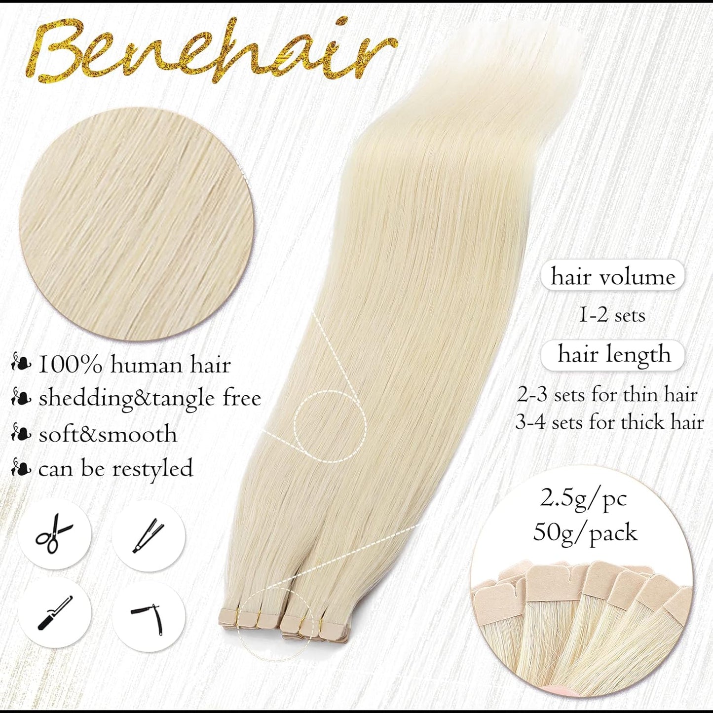 Tape in Hair Extensions Human Hair Platinum Blonde 18 Inch 20pcs 50g/pack Straight Hair Extensions Tape in Seamless Skin Weft Tape in Natural Hair for Women(#60 Platinum Blonde, 18") - Image 4