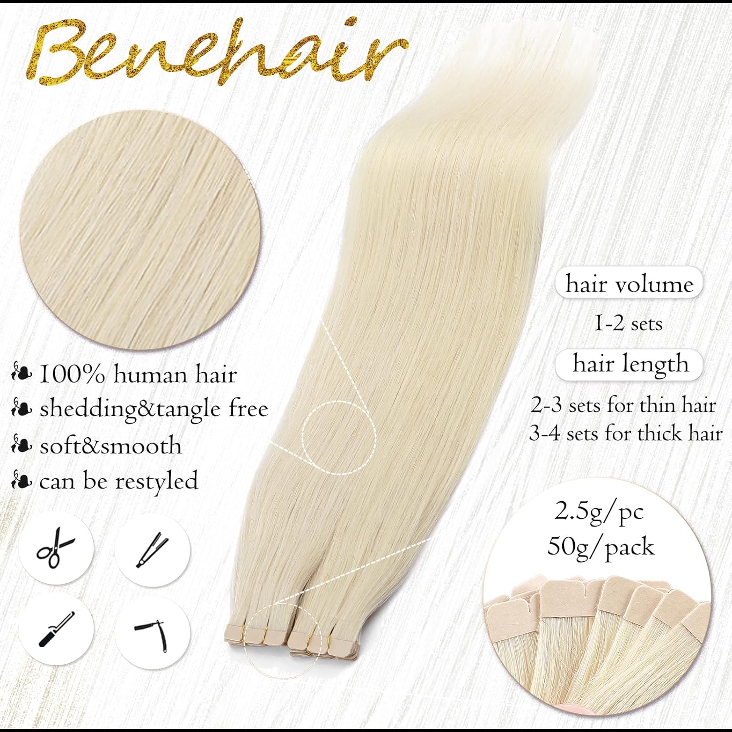 Tape in Hair Extensions Human Hair Platinum Blonde 18 Inch 20pcs 50g/pack Straight Hair Extensions Tape in Seamless Skin Weft Tape in Natural Hair for Women(#60 Platinum Blonde, 18") - Image 4