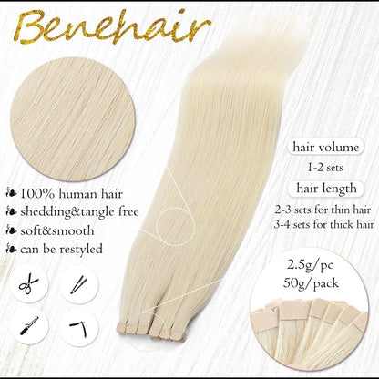 Tape in Hair Extensions Human Hair Platinum Blonde 18 Inch 20pcs 50g/pack Straight Hair Extensions Tape in Seamless Skin Weft Tape in Natural Hair for Women(#60 Platinum Blonde, 18") - Image 4