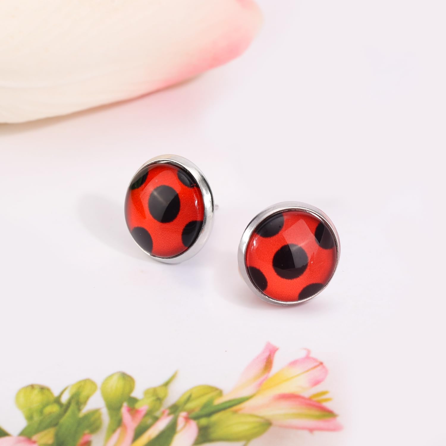 1 Pair Ladybug Earrings, Ladybug Stud Earrings Ladybug Clip on Earrings Metal Black Spot Earrings for Women Halloween Carnival Costume - Image 3