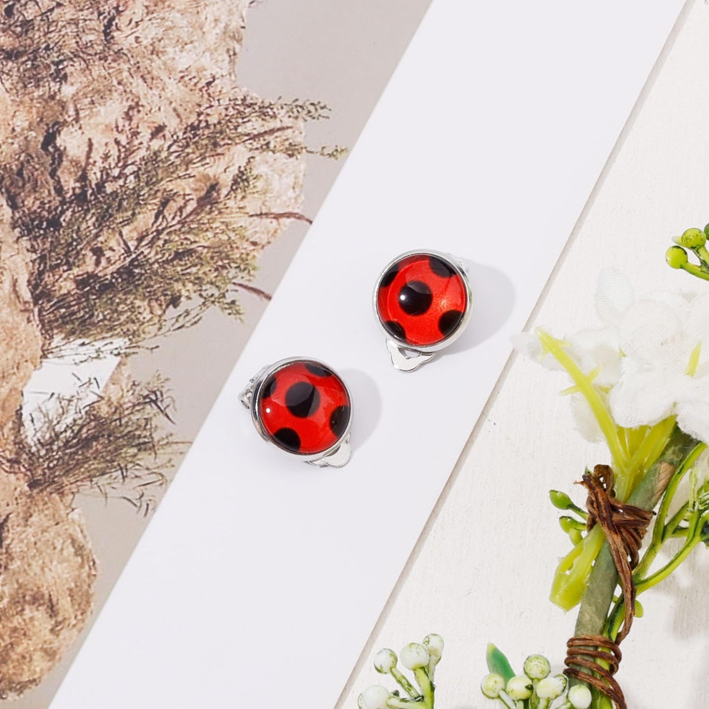 1 Pair Ladybug Earrings, Silver Clip Earrings Lady Bug Clip On Earrings Metal Red Bug Insect Stud Earrings Jewelry for Halloween Carnival - Image 3