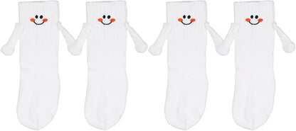 2 Pairs Hand Holding Socks for Kids, Funny Magnetic Mid-Tube Socks White Smile Face Matching Crazy Silly Slipper Socks Magnet Friendship Birthday Gift for Children Toddler (1-3T)