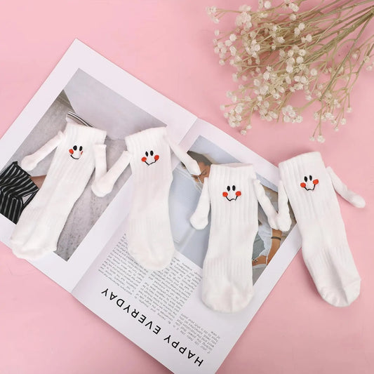 2 Pairs Hand Holding Socks for Kids, Funny Magnetic Mid-Tube Socks White Smile Face Matching Crazy Silly Slipper Socks Magnet Friendship Birthday Gift for Children Toddler (1-3T) - Image 3