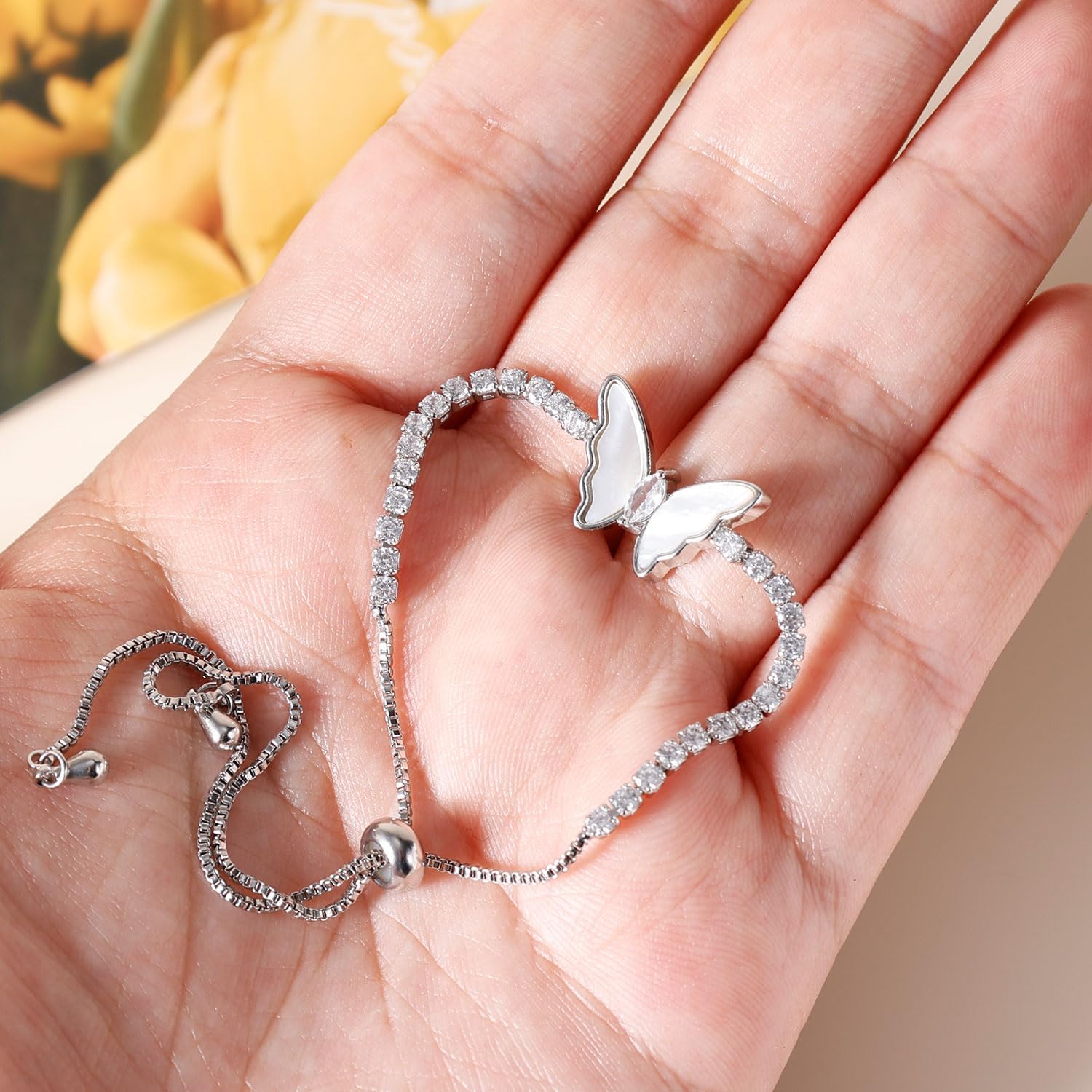 Butterfly Bracelet, Shiny Silver Bracelet Butterfly Tennis Bolo Bracelet Carved Butterfly Bracelet Simple Fashion Adjustable Bracelet Jewelry Gifts for Women - Image 3