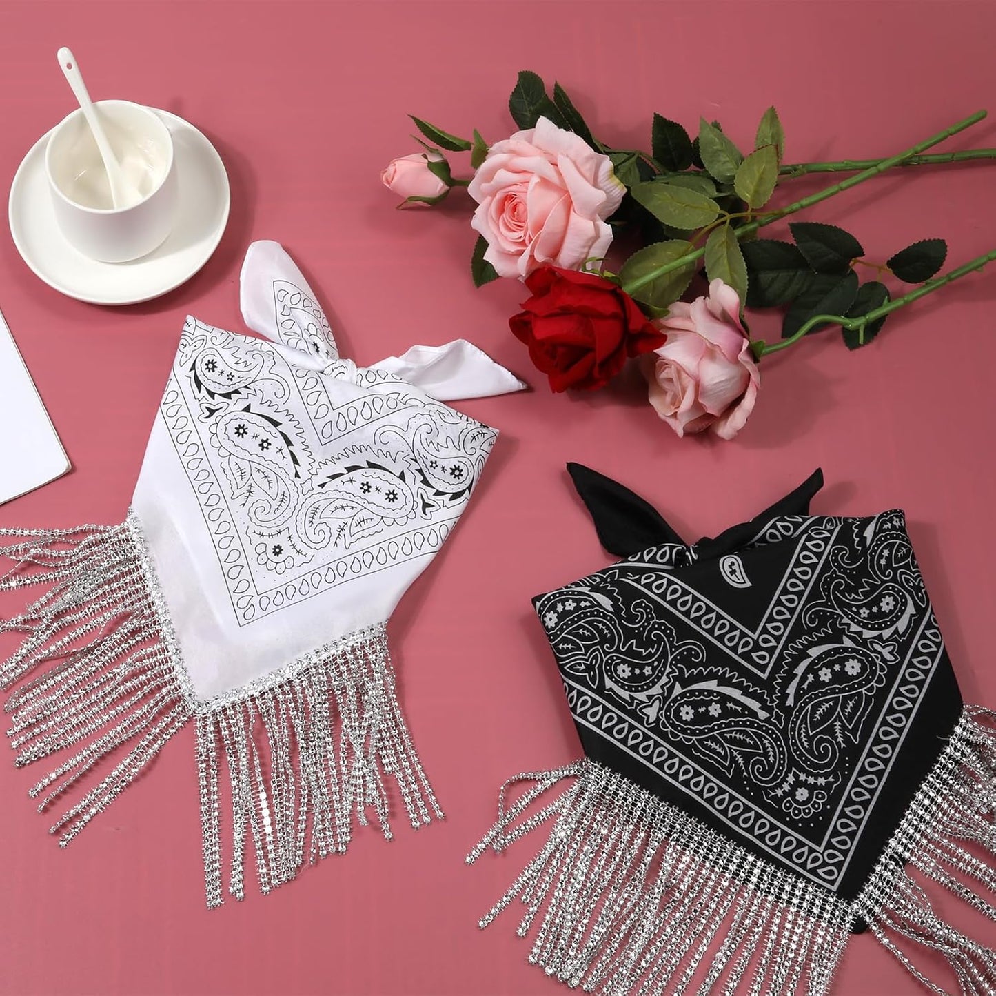 2pcs Rhinestone Fringe Bandana, Rhinestone Scarf for Women Sparkly Disco Cowgirl Bachelorette Bandanas Bling Bandanas Party Supplies for Men Women - Image 3