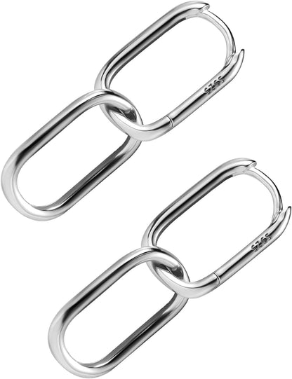 S925 Sterling Silver Link Chain Hoop Earrings, Small Oval Geometric Circle Minimalist U-Shaped Drop Earrings Convertible Paperclip Link Dangle Fashion Jewelry for Women(Silver)
