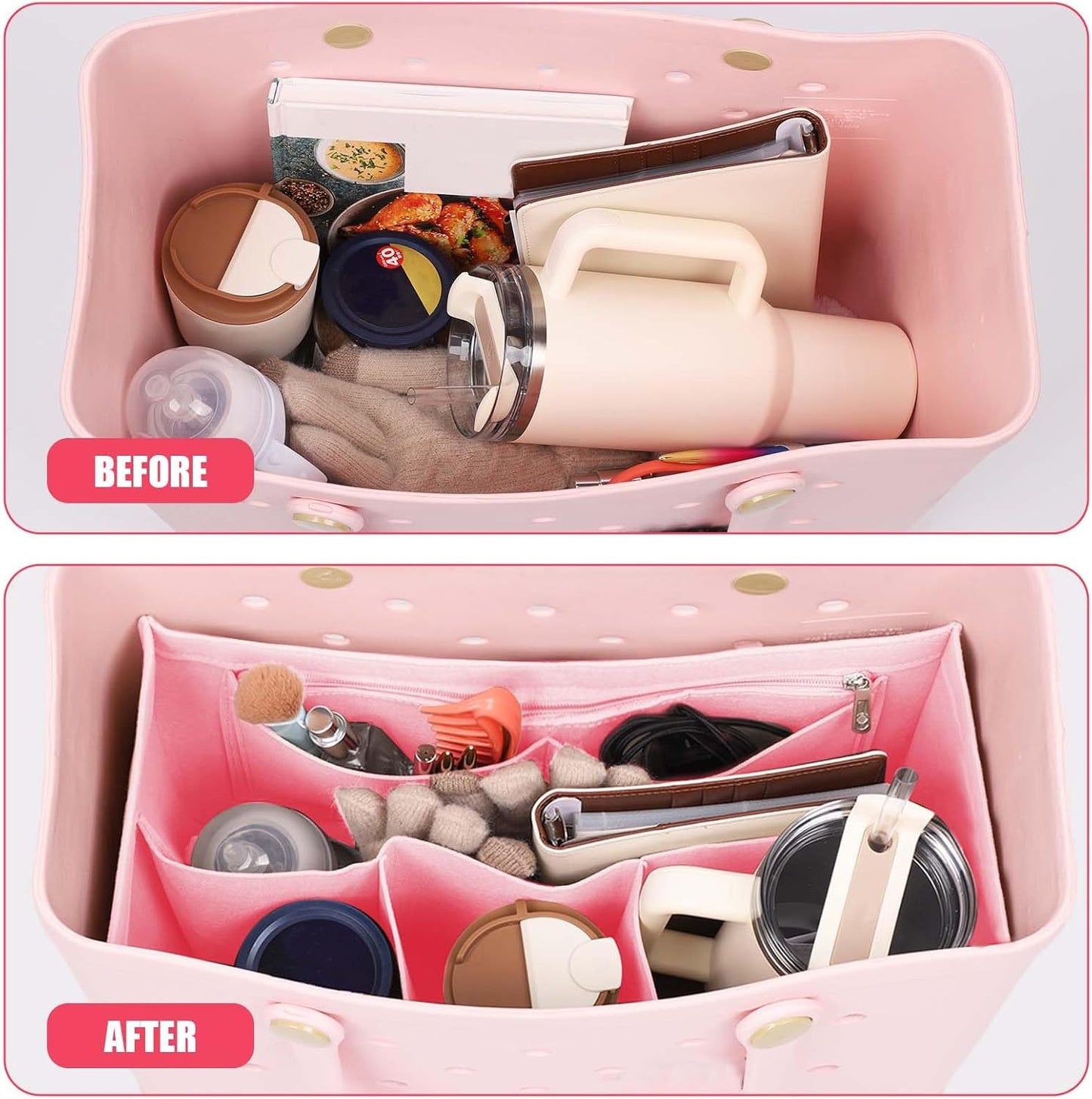 Rubber Beach Bag Organizer Compatible with Bogg Bag/Simply Southern Tote, Tote Organizer Insert Felt Bag Organizer Insert with 7 Pockets, Only for Bogg Bag XL Size (Pink) - Image 4