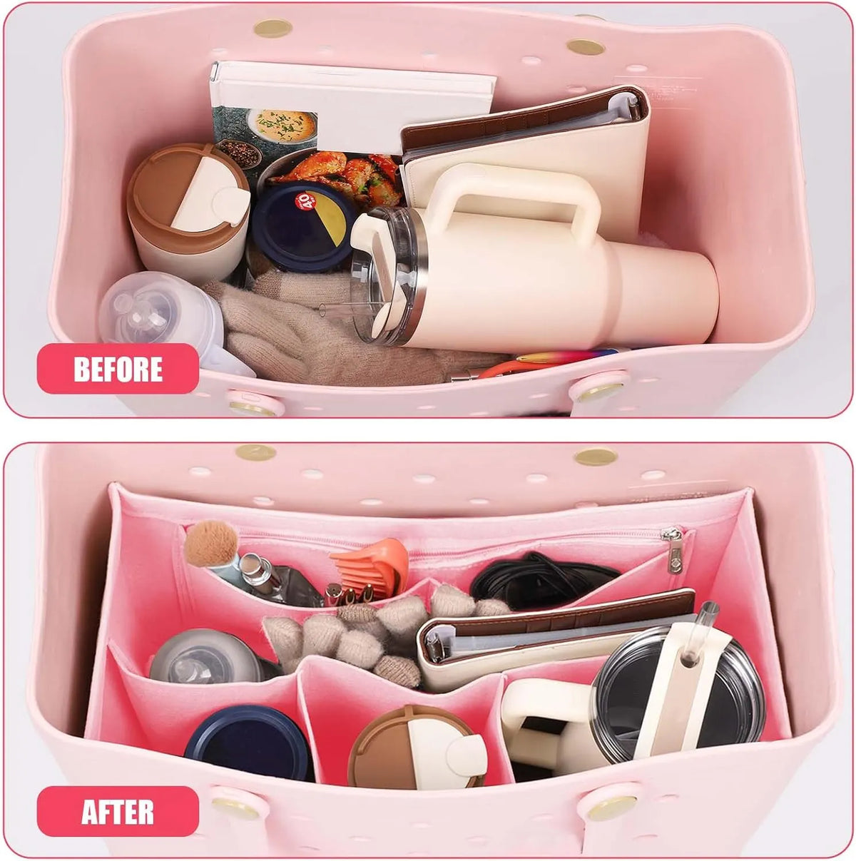 Rubber Beach Bag Organizer Compatible with Bogg Bag/Simply Southern Tote, Tote Organizer Insert Felt Bag Organizer Insert with 7 Pockets, Only for Bogg Bag XL Size (Pink) - Image 4