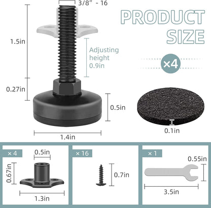 Heavy Duty Furniture Levelers, 4 Pack 3/8"-16 Threaded Leveling Feet Furniture Levelers Table Feet Adjustable Leg Levelers for Table/ Chair/Sofa/Desk/Cabinet/Workbench, Supports 1320LBs-Black - Image 3