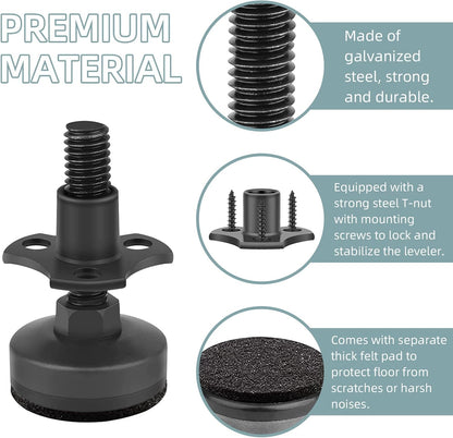 Heavy Duty Furniture Levelers, 4 Pack 3/8"-16 Threaded Leveling Feet Furniture Levelers Table Feet Adjustable Leg Levelers for Table/ Chair/Sofa/Desk/Cabinet/Workbench, Supports 1320LBs-Black - Image 4