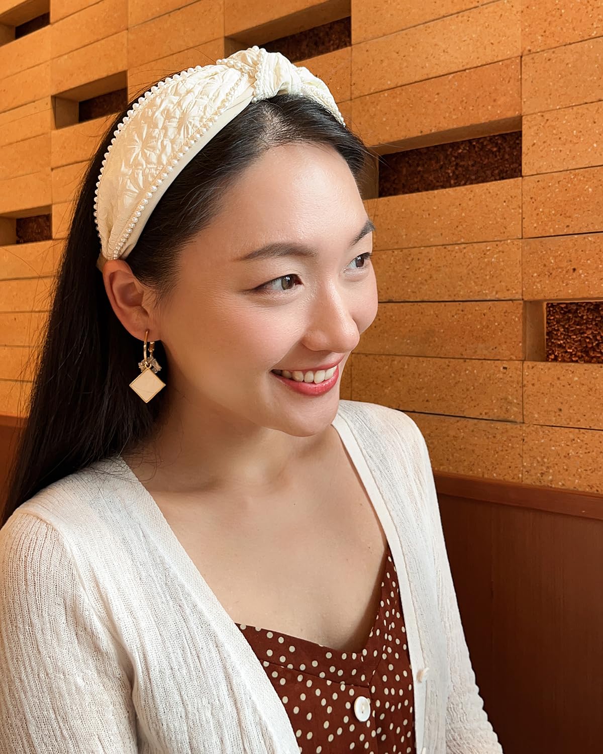 Women's Boho Knotted Wide Pearls Headbands for Women Non Slip, White Fabric Stretchy Cute Knot Headband, Girls Hair Accessories (Cream Knot) - Image 2