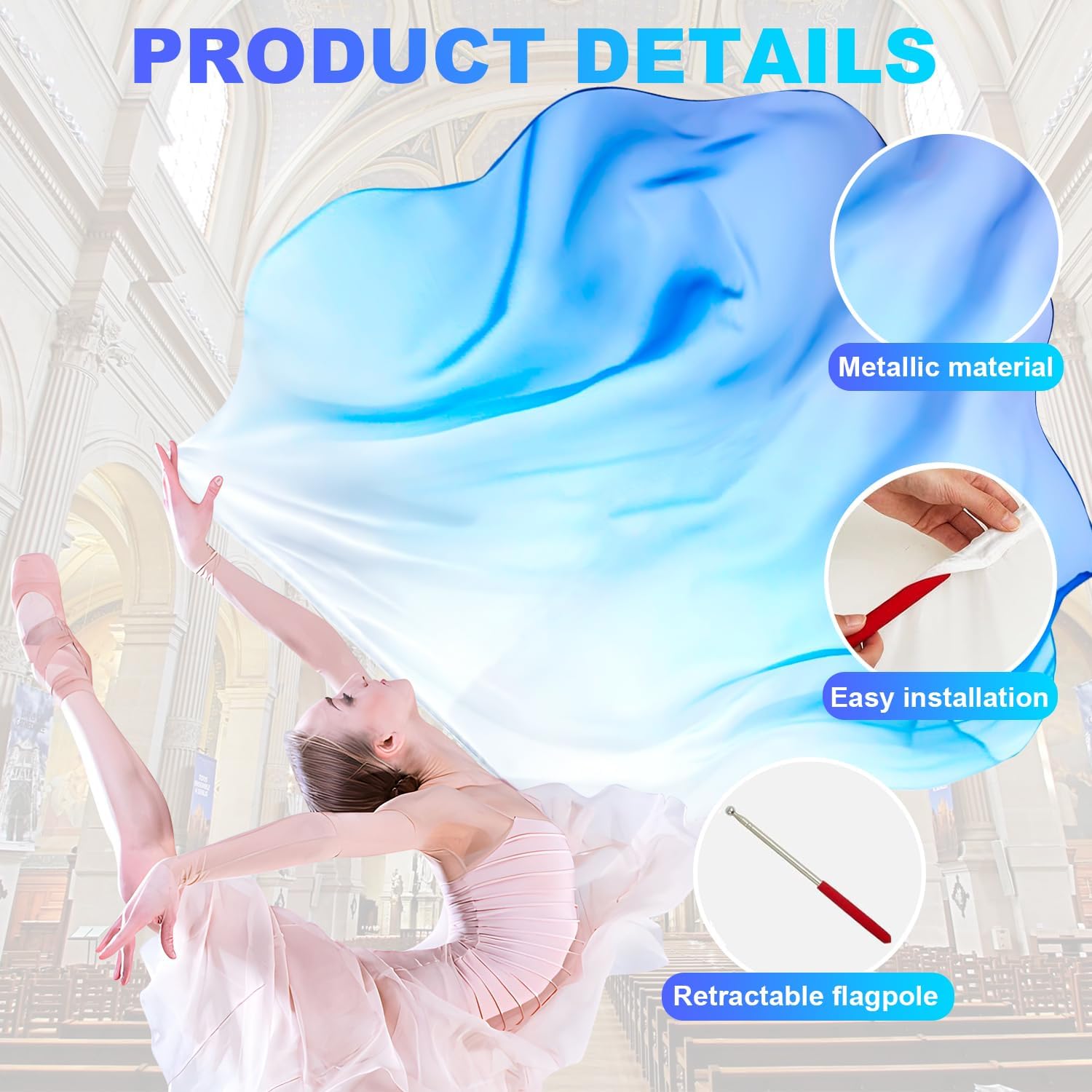 2 Set 55" Praise Dance Worship Flags, with Scalable Rod Semicircle Worship Angel Wing Flag, for Church Dance Performances (White Blue Blue) - Image 3