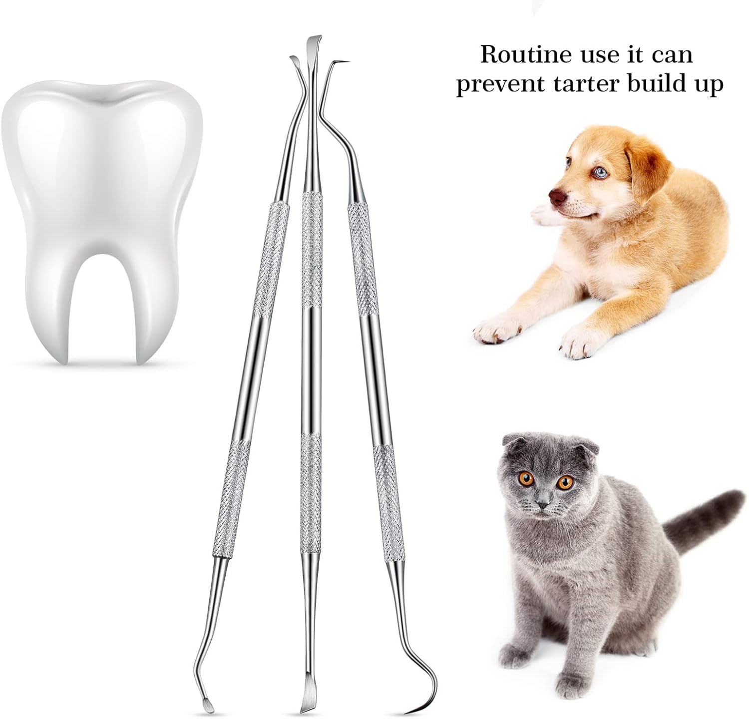 3 Pieces Dog Dental Tooth Scaler and Scraper Stainless Double Headed Tarter Removing Tool Scraper Pet Teeth Cleaning Tools for Dog and Cat (Silver) - Image 3