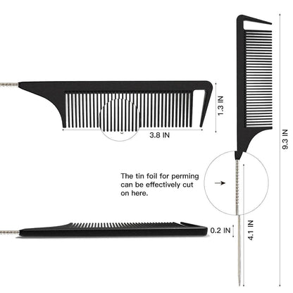 Hair Comb, Rat Tail Comb for Braiding Hair, Fine Tooth Hair Comb with Stainless Steel Pintail for Sectioning, Parting and Styling - Black - Image 2