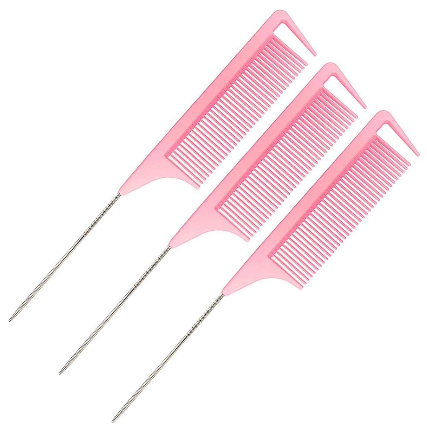 Rat Tail Combs, 3Pcs Parting Combs for Braiding Hair, Nylon Hair Comb Rat Tail Comb Rattail Comb with Stainless Steel Pintail for Sectioning, Parting and Styling (Pink)