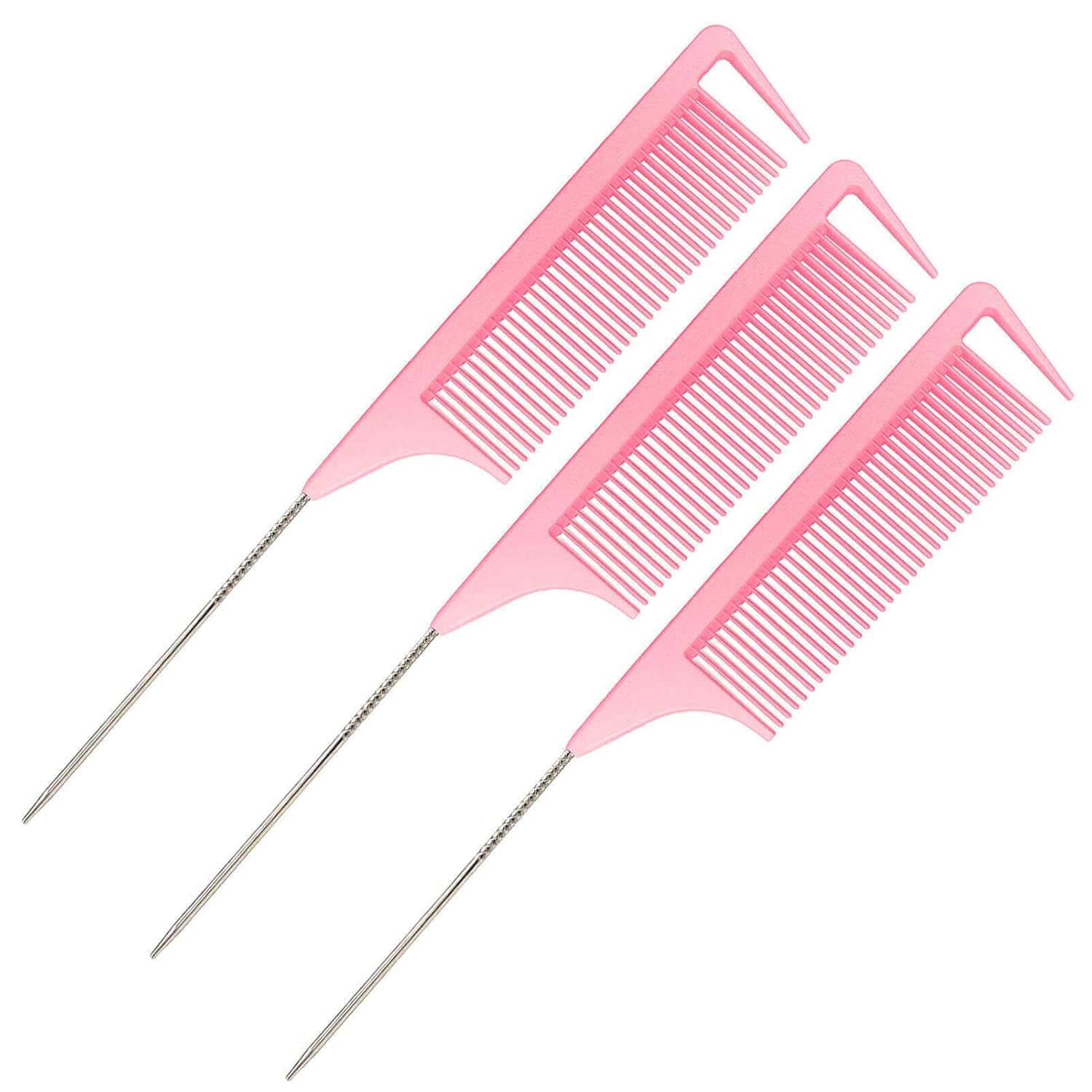 Rat Tail Combs, 3Pcs Parting Combs for Braiding Hair, Nylon Hair Comb Rat Tail Comb Rattail Comb with Stainless Steel Pintail for Sectioning, Parting and Styling (Pink)