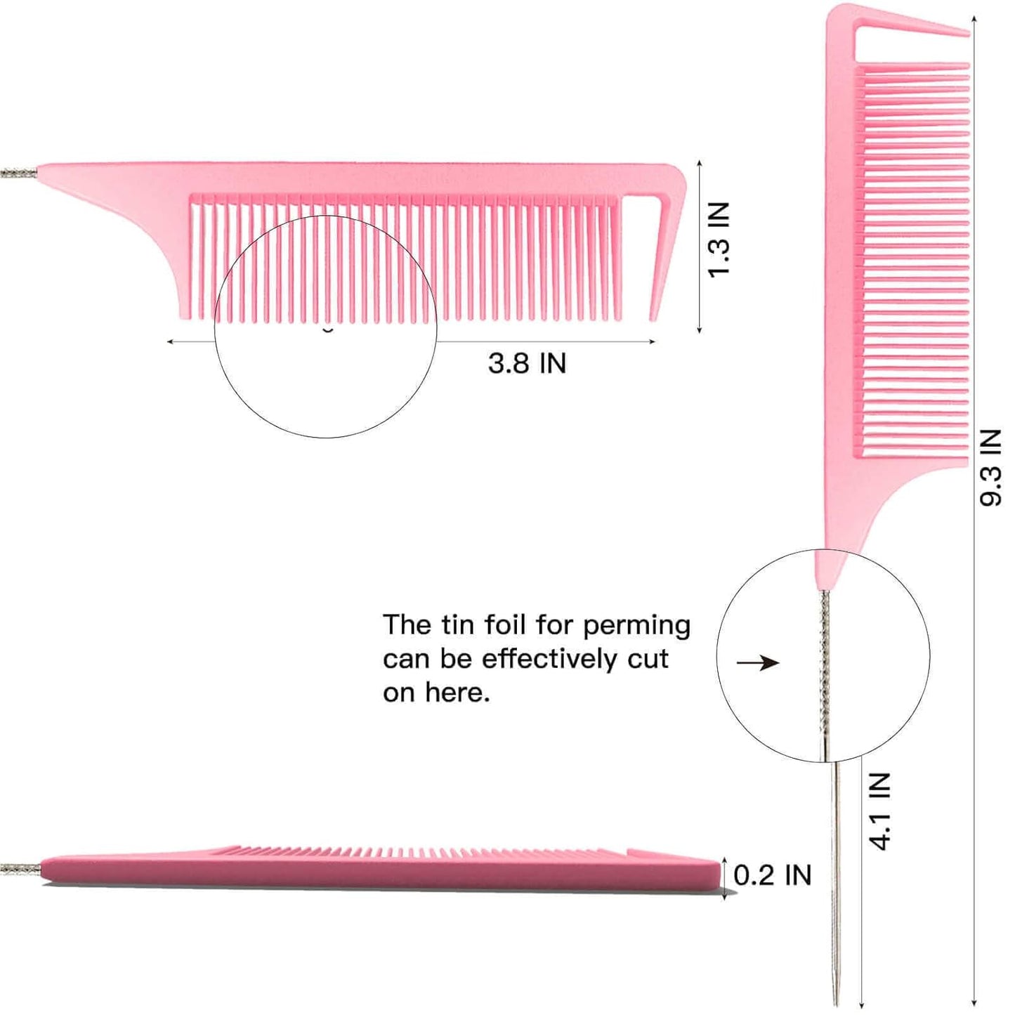 Rat Tail Combs, 3Pcs Parting Combs for Braiding Hair, Nylon Hair Comb Rat Tail Comb Rattail Comb with Stainless Steel Pintail for Sectioning, Parting and Styling (Pink) - Image 2