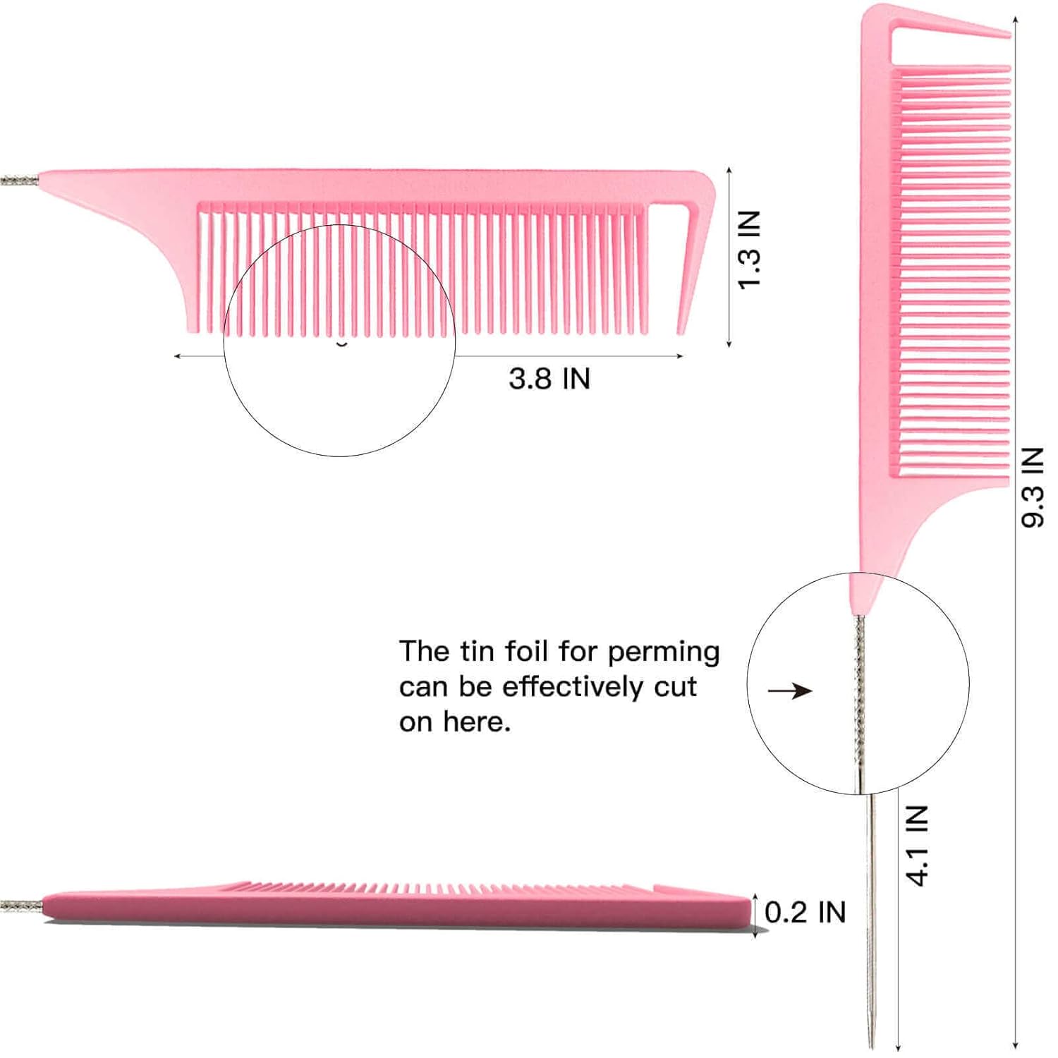 Rat Tail Combs, 3Pcs Parting Combs for Braiding Hair, Nylon Hair Comb Rat Tail Comb Rattail Comb with Stainless Steel Pintail for Sectioning, Parting and Styling (Pink) - Image 2