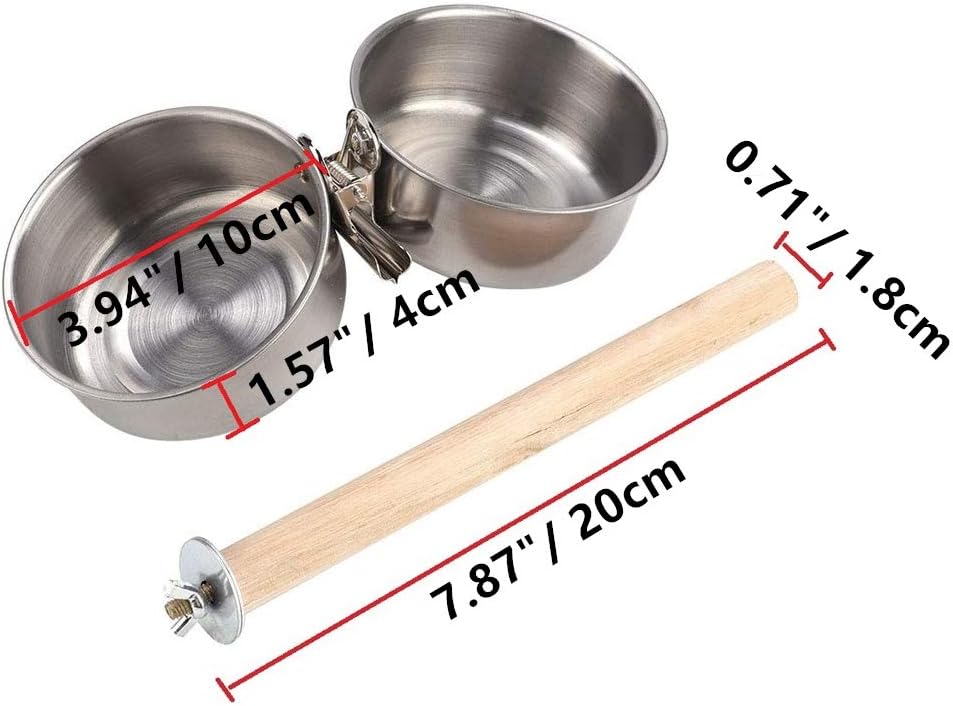 Bird Perch with Feeder CupsBowls Stainless Steel Odorless with Holder Hanger for Outside Durable Water Food Dispenser for Parakeet Cockatiel Conure African Grey Macaw Cage Accessories (B-20CM) - Image 2