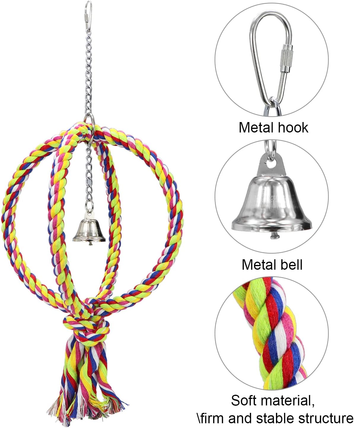 Bird Swing Perch Stand Cotton Rope 2 Two Rings Toy for Parrot Budgie Parakeet Cockatiel Conure Lovebird Finch Canary Cockatoo African Grey Macaw Eclectus Amazon Cage Accessories - Image 3