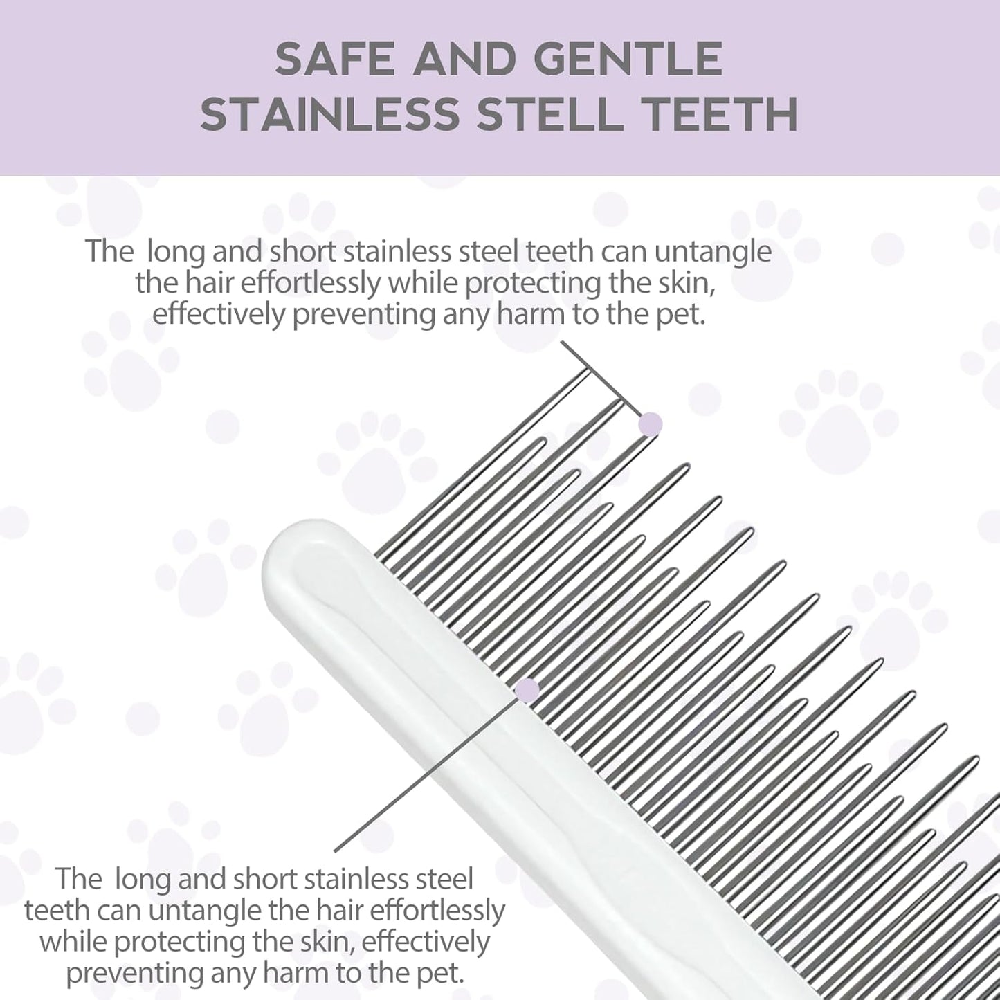 Detangling Pet Comb for Dog & Cat, Grooming Comb with Long & Short Stainless Steel Teeth, Safely Remove Knots & Tangles for Healthy Shiny Coat, Gentle Effective Detangling Tool for Pet Hair (Purple) - Image 2