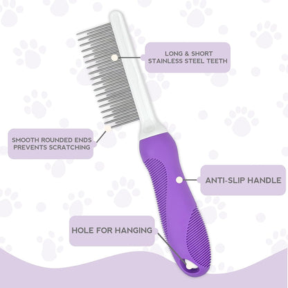 Detangling Pet Comb for Dog & Cat, Grooming Comb with Long & Short Stainless Steel Teeth, Safely Remove Knots & Tangles for Healthy Shiny Coat, Gentle Effective Detangling Tool for Pet Hair (Purple) - Image 3