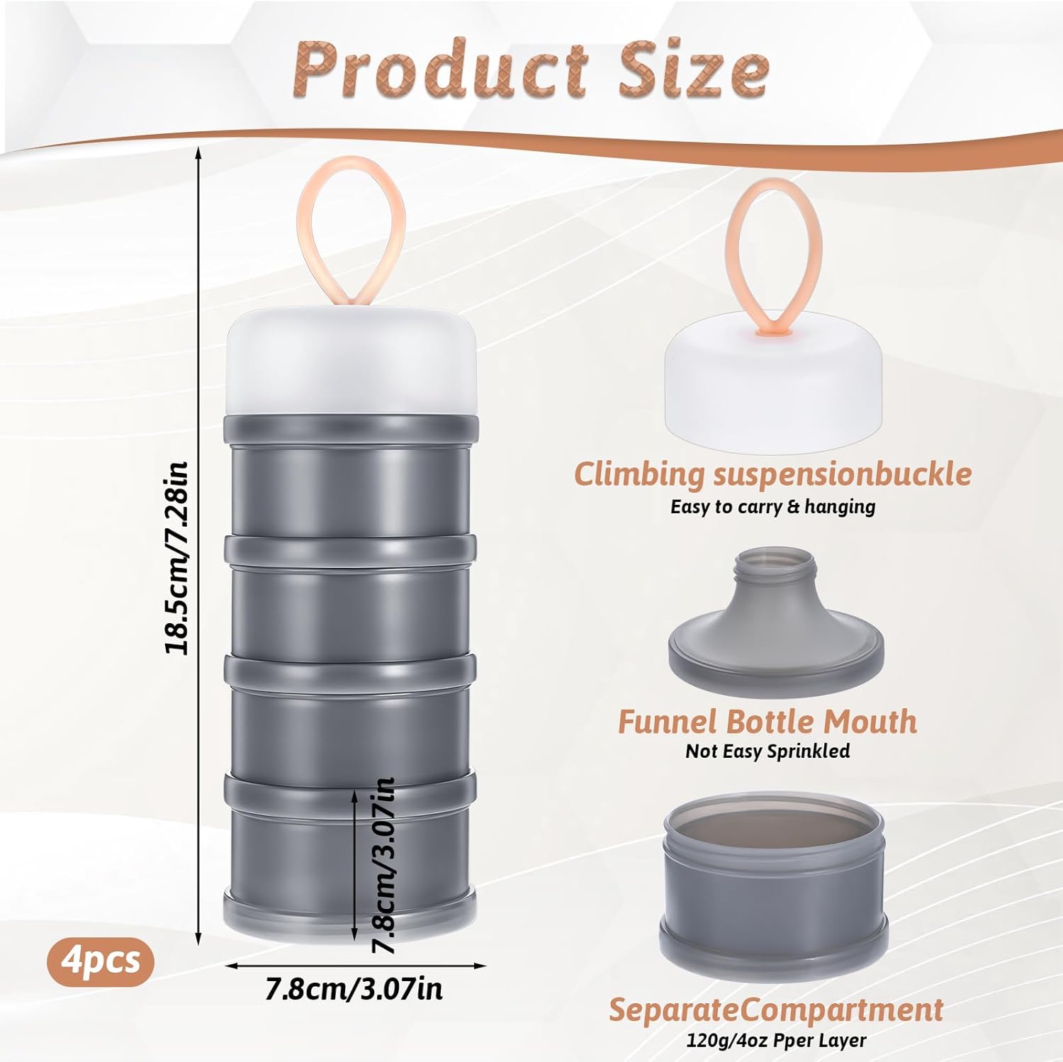 4PCS Protein Powder Container with Funnels Stand, 4 Stackable Non-Spill Protein Powder Dispenser On the Go Portable Leakproof Snack Storage Container for Travel Workout Fitness (Gray + White) - Image 2