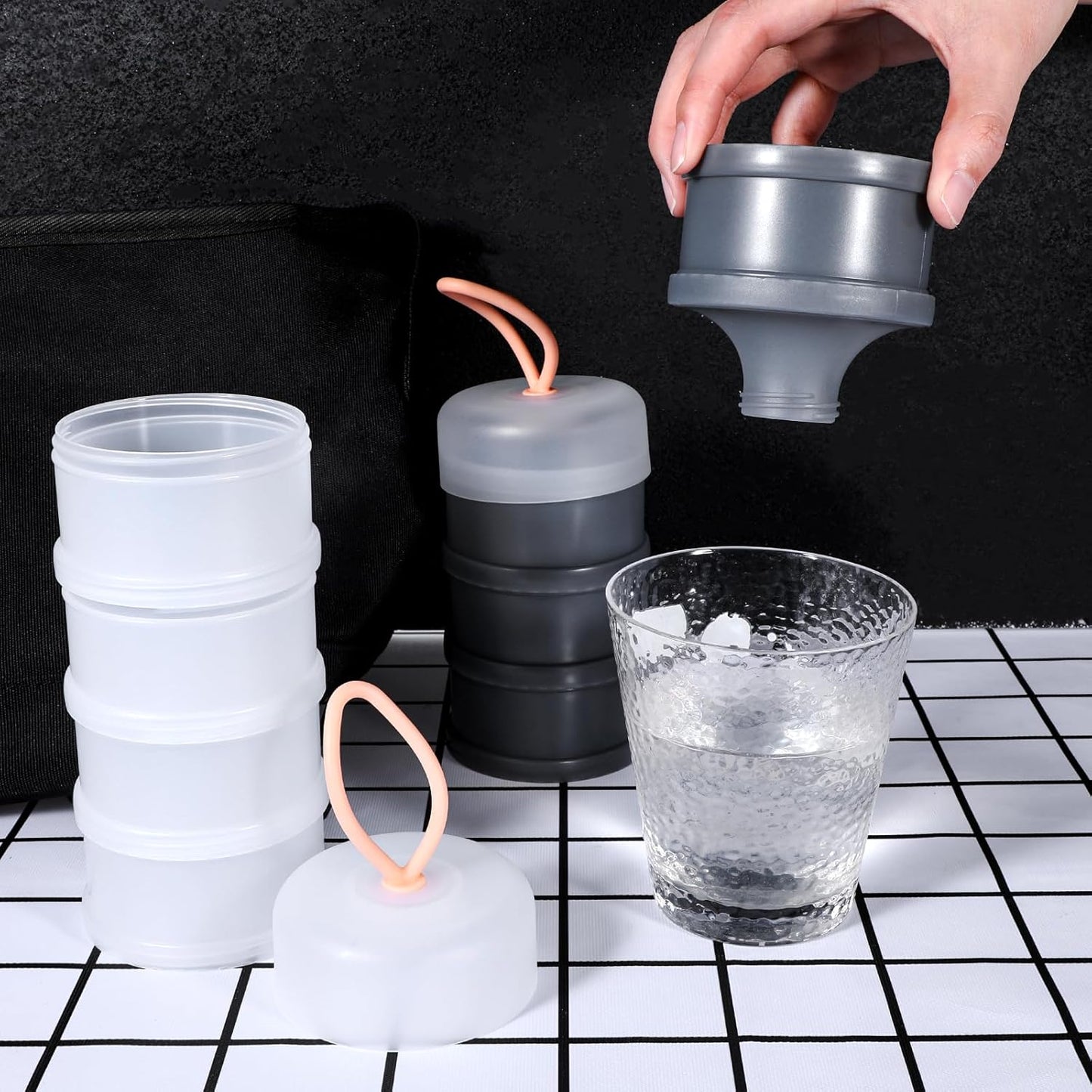 4PCS Protein Powder Container with Funnels Stand, 4 Stackable Non-Spill Protein Powder Dispenser On the Go Portable Leakproof Snack Storage Container for Travel Workout Fitness (Gray + White) - Image 4