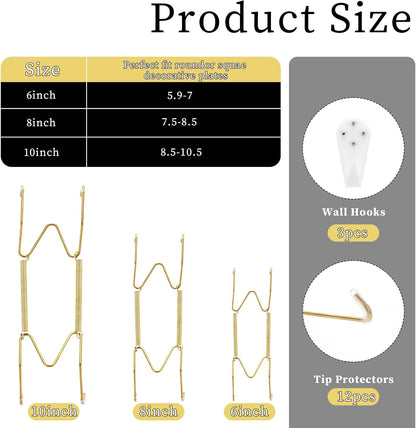 3pcs Plate Hanger for Wall, Stainless Steel 6 8 10 Inch Plate Hangers Invisible Decorative Wire Plate Holder with 3 Pack Wall Hooks and 15pcs Transparent Rubber Tip(Gold) - Image 2