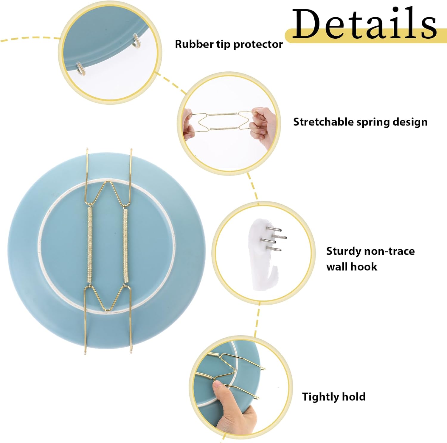 3pcs Plate Hanger for Wall, Stainless Steel 6 8 10 Inch Plate Hangers Invisible Decorative Wire Plate Holder with 3 Pack Wall Hooks and 15pcs Transparent Rubber Tip(Gold) - Image 3