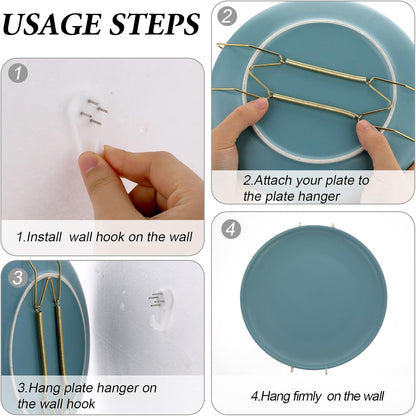 3pcs Plate Hanger for Wall, Stainless Steel 6 8 10 Inch Plate Hangers Invisible Decorative Wire Plate Holder with 3 Pack Wall Hooks and 15pcs Transparent Rubber Tip(Gold) - Image 4