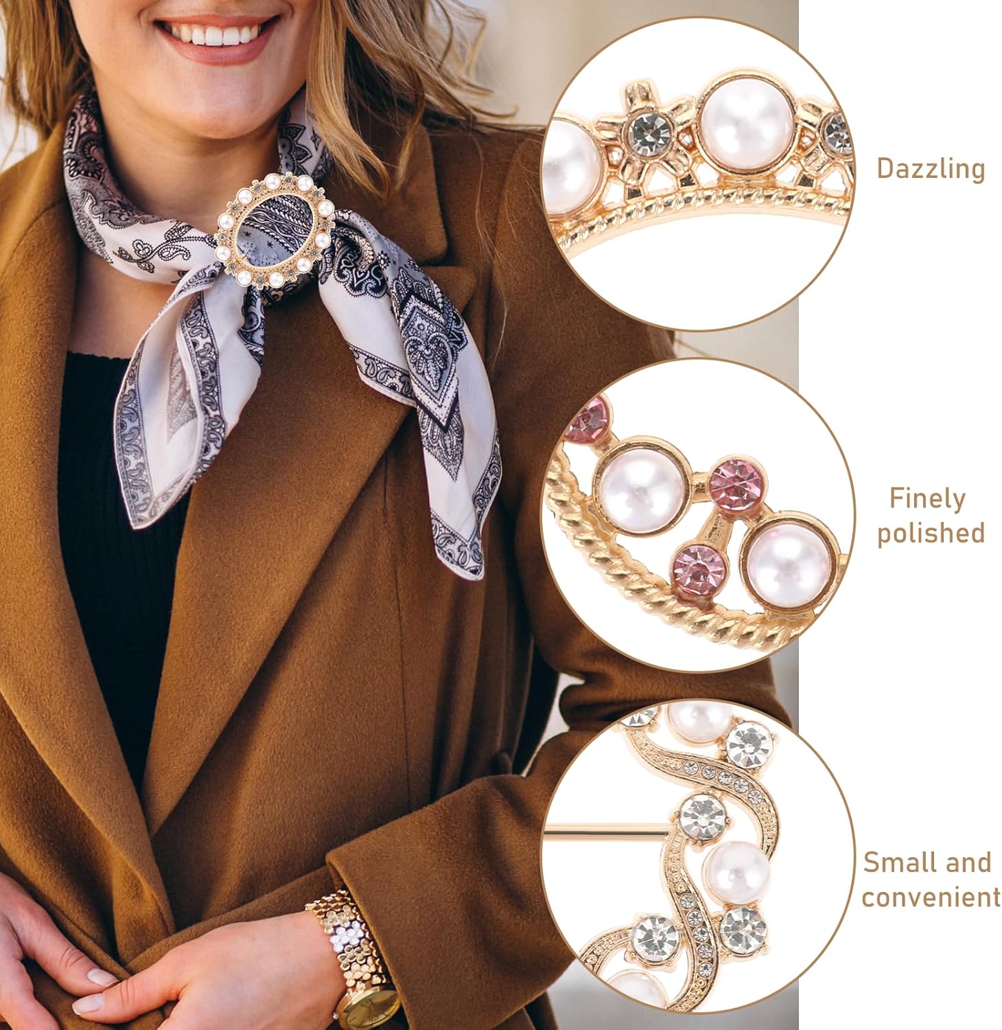 5 PCS Shirt Clips Metal Scarf Ring Clip Shirt Ties Clips for Women Dress Clips for Girls Round T-Shirt Ties Rings Round Corner Knotted Buttons with Rhinestone Pearl Adjustment Buckles for Decoration - Image 3
