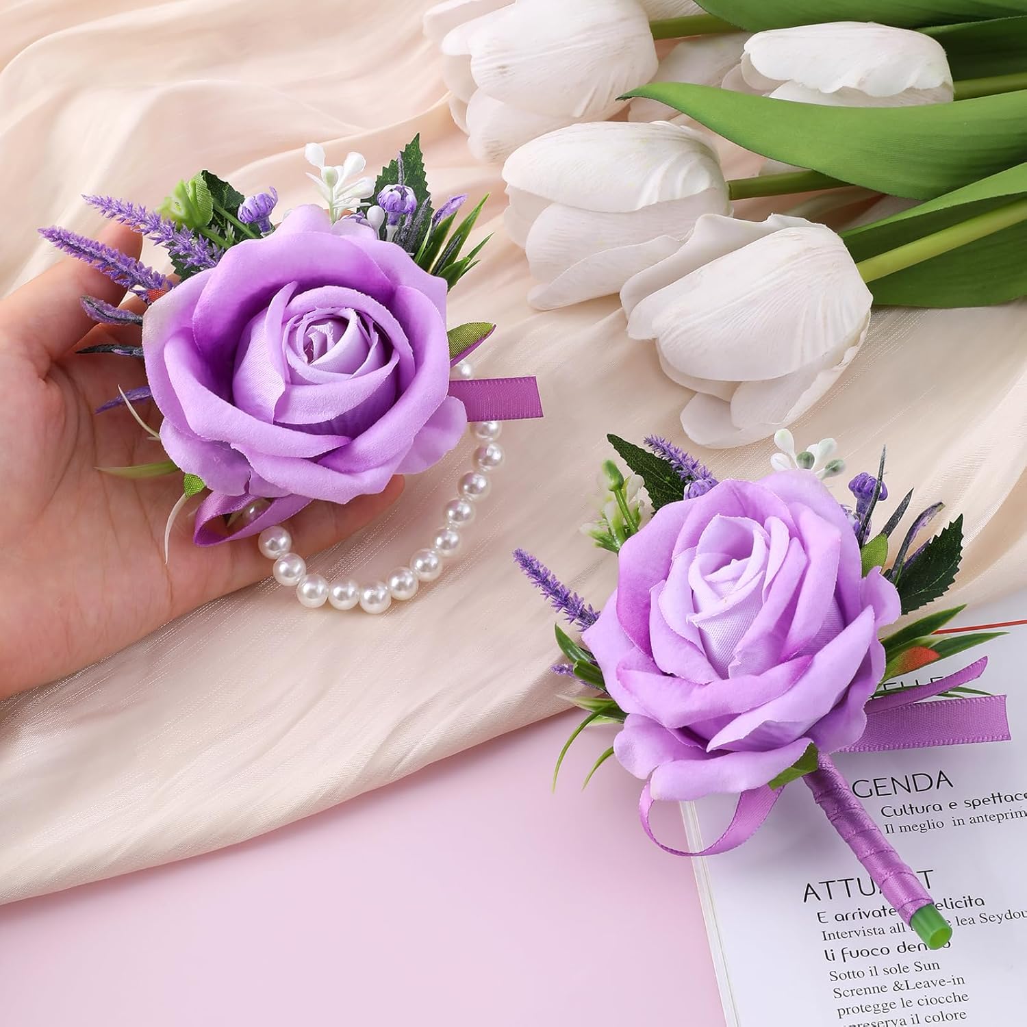Purple Corsage and Boutonniere Set Handmade Artificial Flower Bride Wrist Corsage Bracelets Men Boutonniere Flowers Accessories Wristband for Wedding Prom Homecoming Party - Image 4