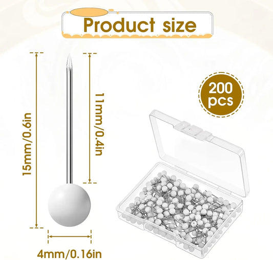 200 PCS Round Head Thumb Tacks Map Tacks Push Pins, Sewing Pins for Fabric Round Short World Map Pin Board Cork Boards Decorative Thumb Tacks for Sewing Craft Wedding Holiday DIY(White) - Image 2