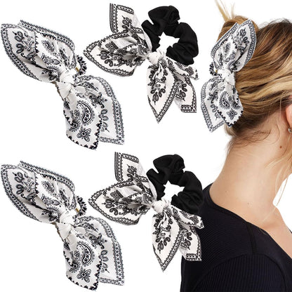 2 PCS Bandana Hair Claw Clip & 2 PCS Bandana Hair Ties Boho Hair Claw Clips Boho Bow Knot Bandana Fabric Hair Jaw Clips Paisley Hair Clip Non-slip Styling Hair Accessories for Women Girls