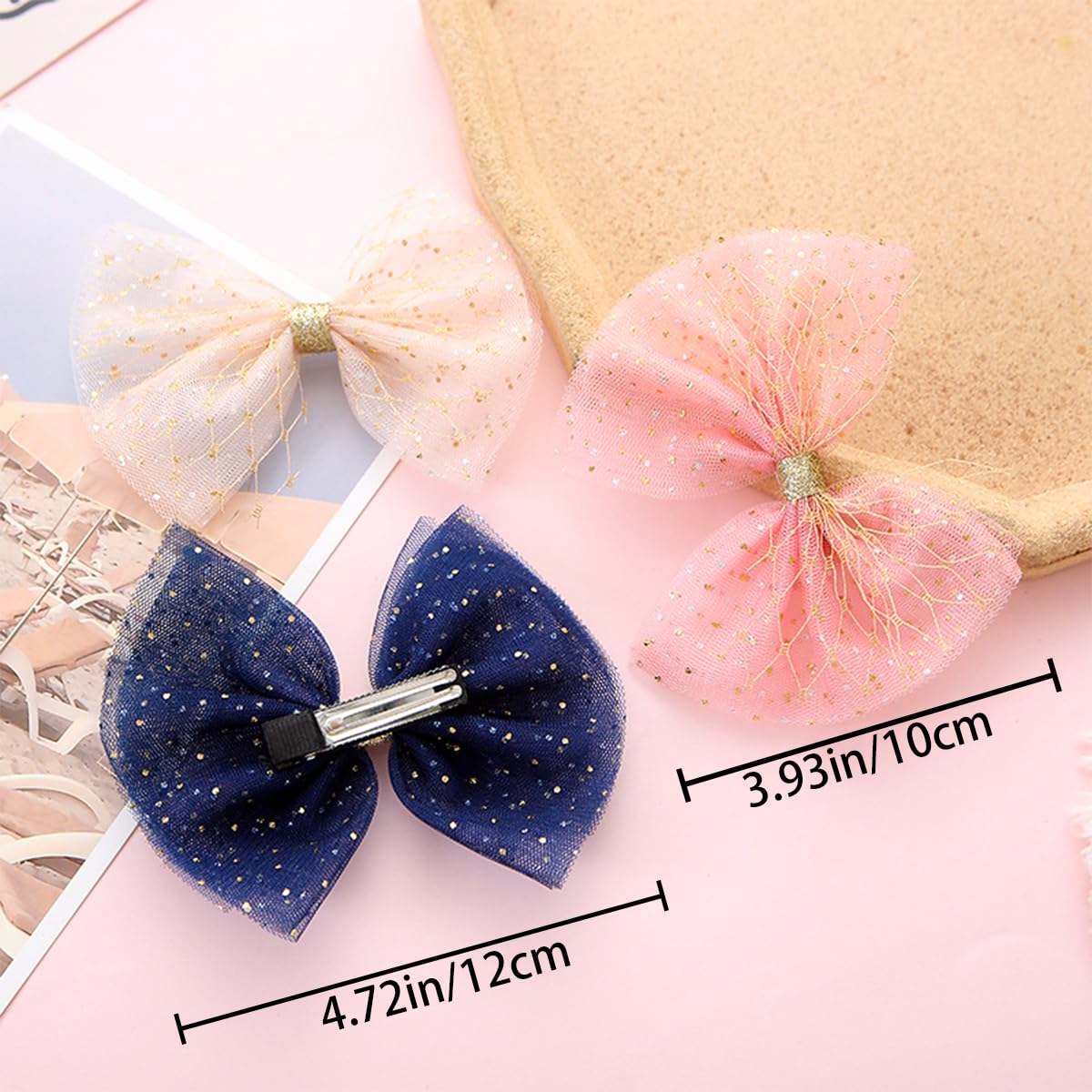 4 PCS Tulle Bows Hair Clips Dotted Tulle Large Bow Hair Clip Cute Glitter Polka Dots Mesh Alligator Hair Clips French hair Bows Soft Bow Hair Dress Up Accessories Shimmery Girl Bows for Women Girl - Image 2