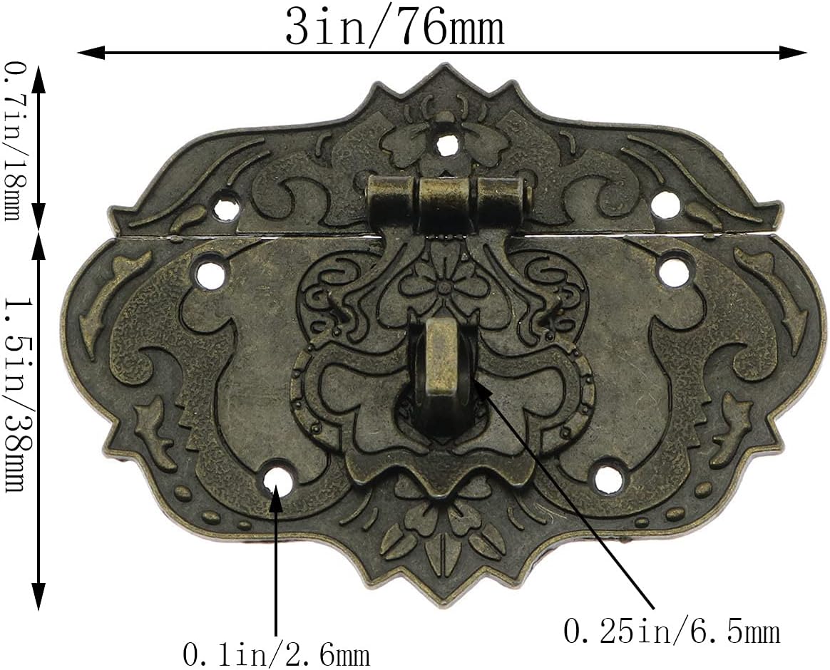 Antique Embossing Decorative Brass Hasp Clasp Latch Lock with Screws for Jewelry Box Ordinary Box Wooden Case Furniture Decoration (Bronze) - Image 2