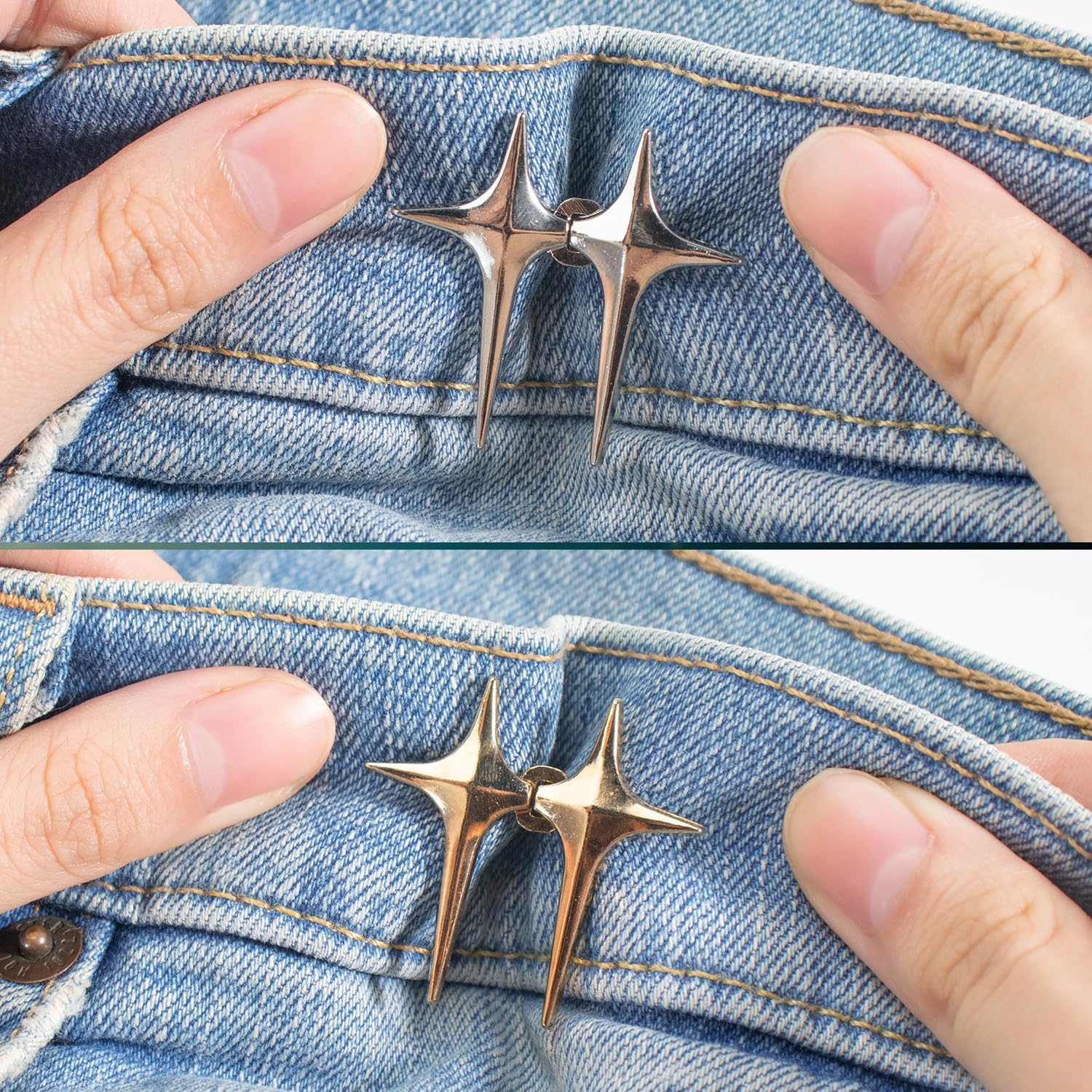 Jeans Button, 4 Sets Adjustable Star Button for Jeans, Detachable Decorative Waist Buckles, Perfect Fit Tighten Waist Adjustment Instant Button Pins for Pants - Silver - Image 2