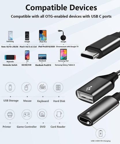 USB C OTG Adapter, 2 in 1 USB C Male to USB Female with 60W PD Charging Port Adapter Compatible with Galaxy S23 S22 Note 20, LG V40 V30, Google Pixel 6 XL,Google Chromecast with Google TV (Black) - Image 2