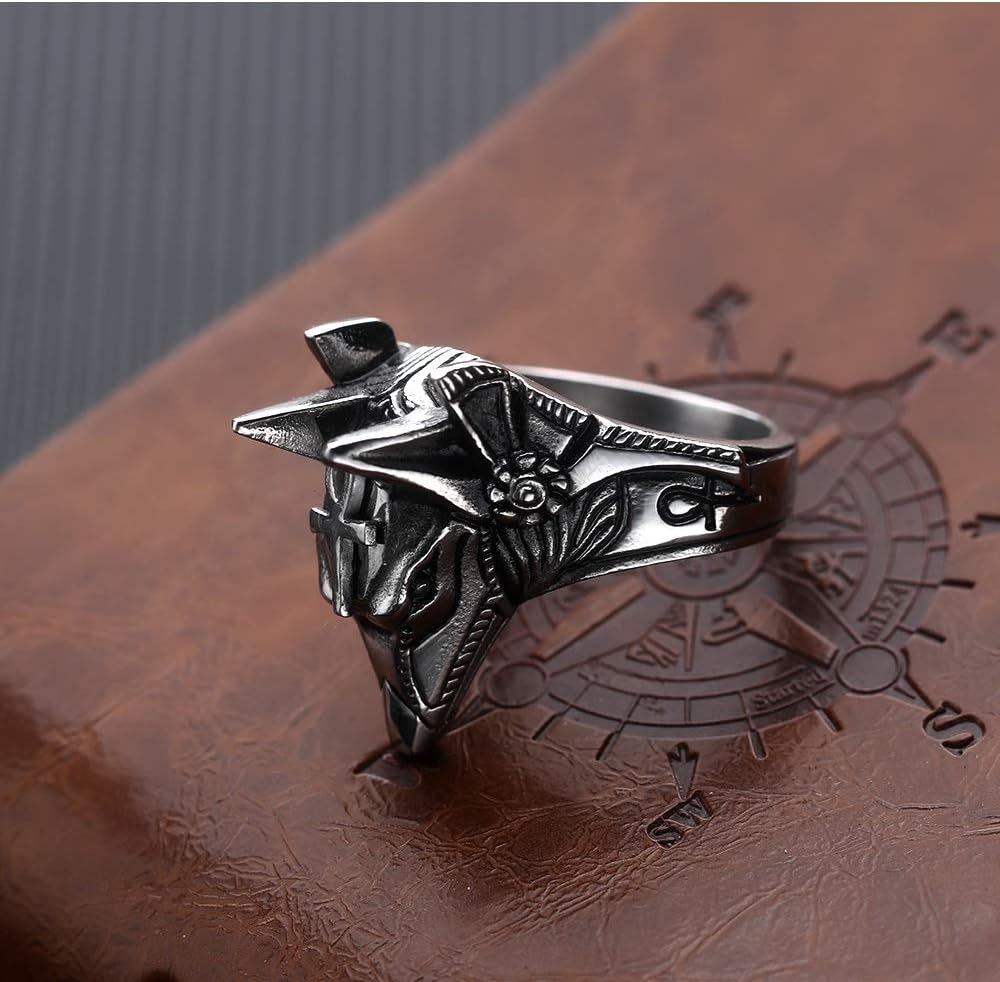 Men's Stainless Steel Egyptian God Anubis Ring Vintage Gold Plated Ankh Cross Ring Jewelry - Image 2