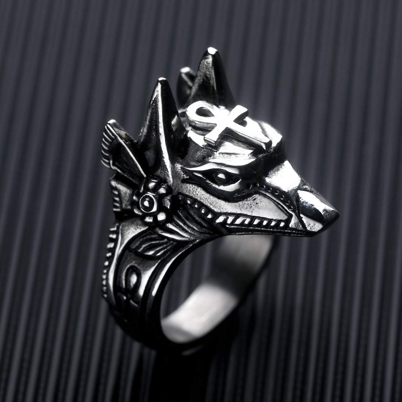 Men's Stainless Steel Egyptian God Anubis Ring Vintage Gold Plated Ankh Cross Ring Jewelry - Image 3