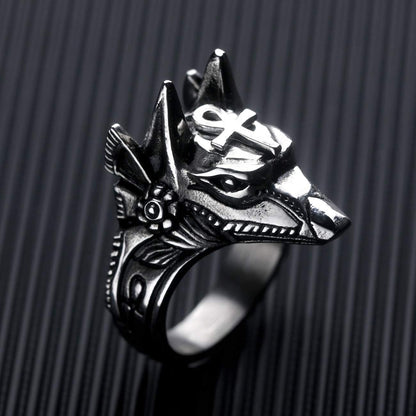 Men's Stainless Steel Egyptian God Anubis Ring Vintage Gold Plated Ankh Cross Ring Jewelry - Image 3