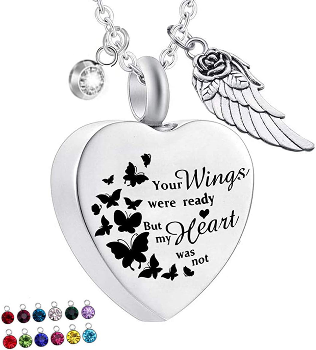 Heart Shape Cremation Urn Necklace for Ashes with 12 Birthstones Memorial Pendant - Your Wings Were Ready But My Heart Was Not - Image 3